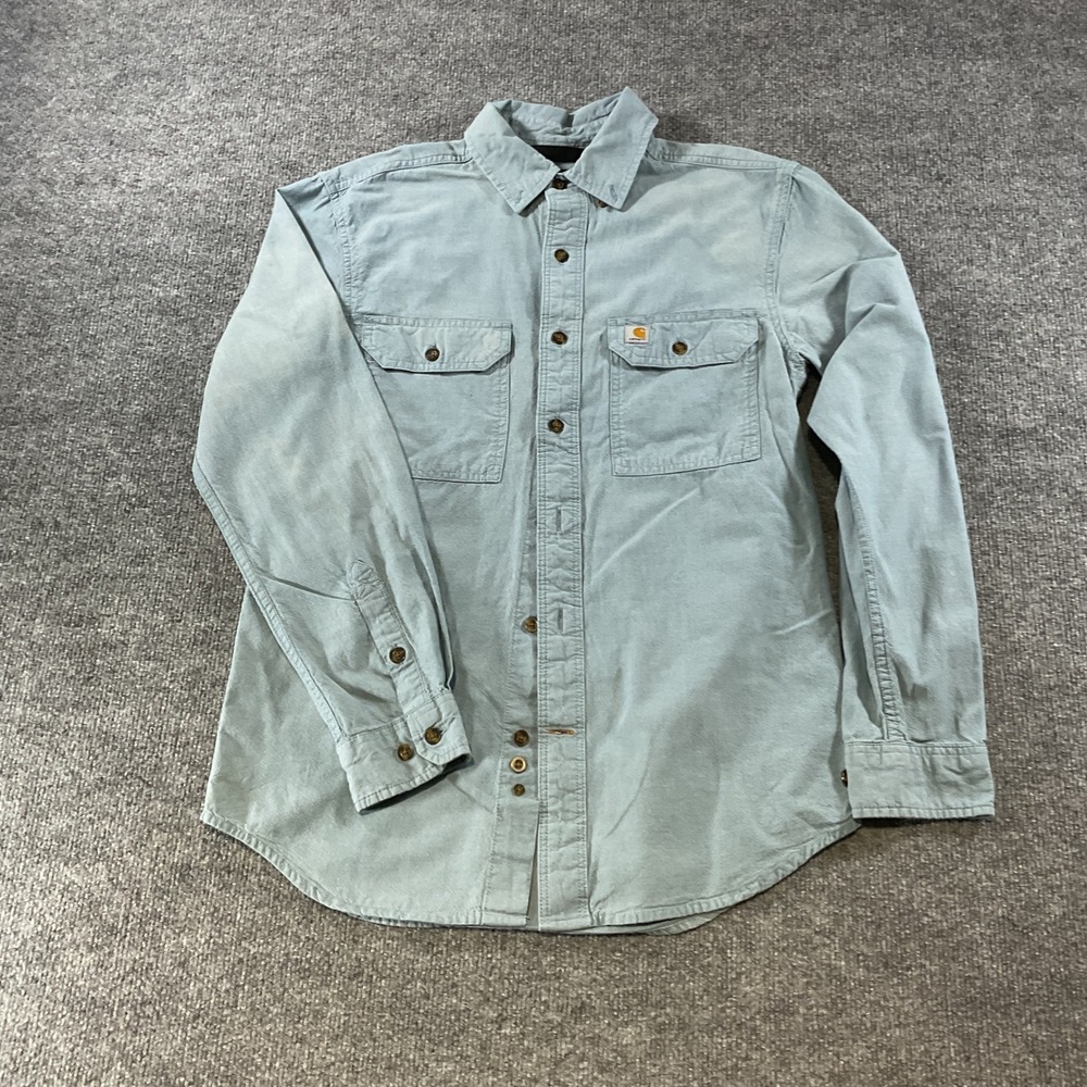 Carhartt Mens Long Sleeve Button Down Work Shirt Light Blue Logo Patch Pockets
